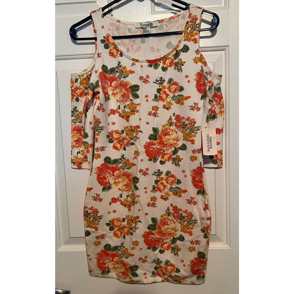 Forever 21 Girl's Cream Orange Floral Cold Shoulder Dress Size‎ M 30 1/2" Long